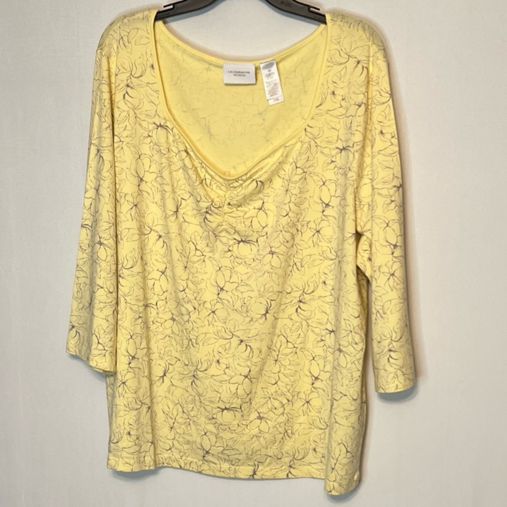 Liz Claiborne Blouse Women Plus Size 3X Yellow Floral 3/4 Sleeve Casual Top.